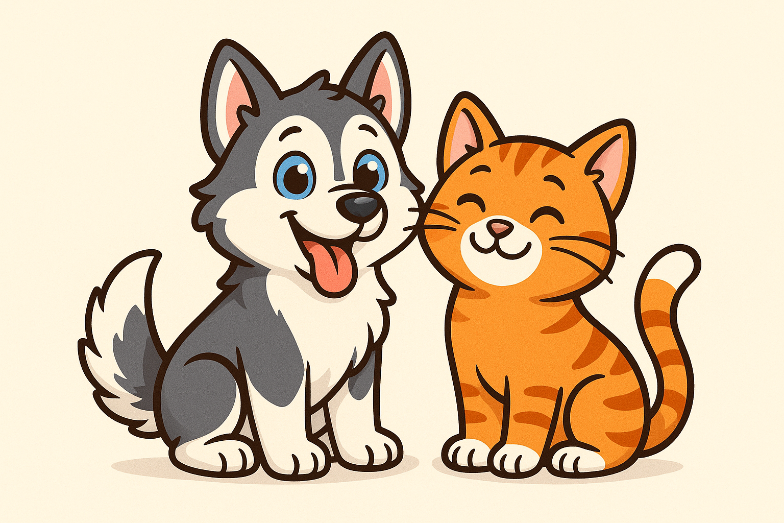 a happy cartoon husky next to a happy cartoon ginger cat 